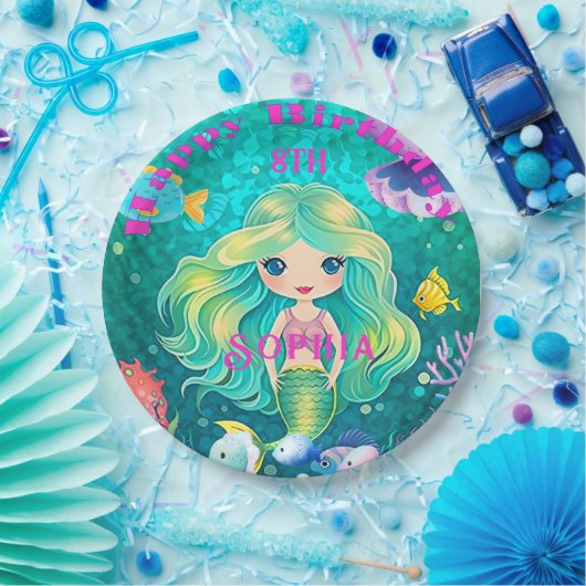 Farbenfrohe Meerjungfrau Themed Happy Birthday Par Pappteller (Party)