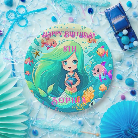 Farbenfrohe Meerjungfrau Themed Happy Birthday Par Pappteller (Party)