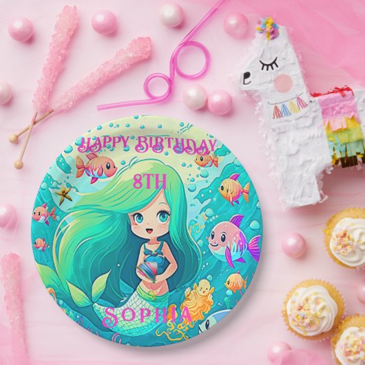 Farbenfrohe Meerjungfrau Themed Happy Birthday Par Pappteller (Party)