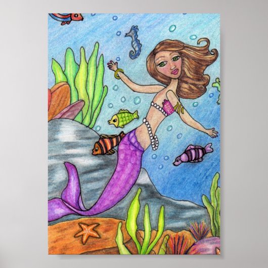 Farbenfrohe Meerjungfrau und Fischplakat Poster (Vorne)