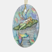 Farbenfrohe Meerjungfrau und Karpfenfisch Fantasie Keramik Ornament (Links)