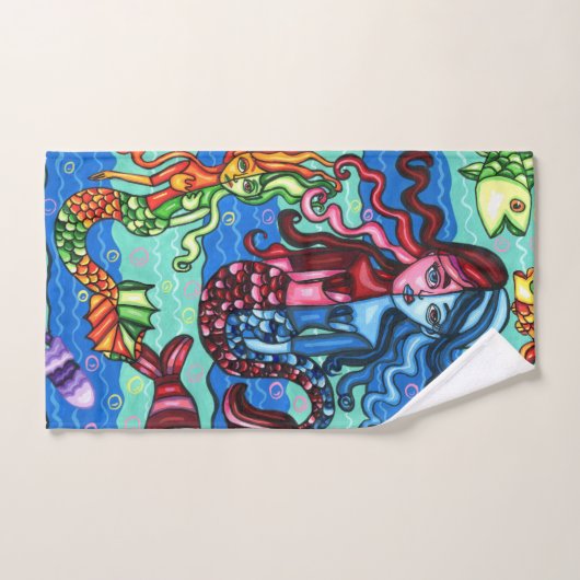 Farbenfrohe Meerjungfrauen Abstrakte Originalmaler Badhandtuch Set (Handtuch)