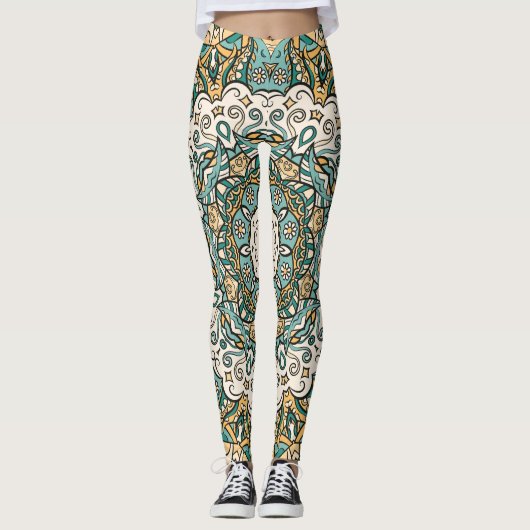 Farbenfrohe Mehndi Tile Nahtlose Tracerei Leggings (Vorderseite)