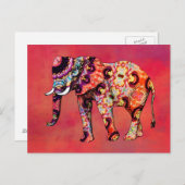 Farbenfrohe, mehrfarbige Elefanten auf einem roten Postkarte (Vorne/Hinten)