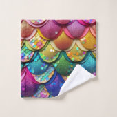 Farbenfrohe mehrfarbige Regenbogen-Meerjungfrau-Sc Badhandtuch Set (Waschlappen)