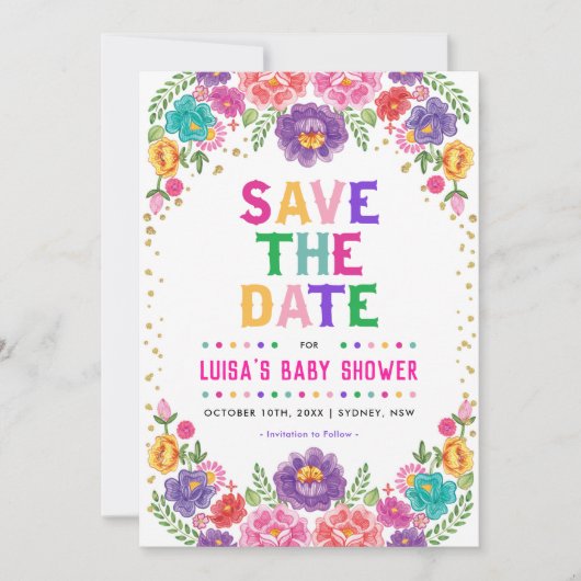 Farbenfrohe mexikanische Blumenfiesta Save the Dat Einladung (Vorderseite)