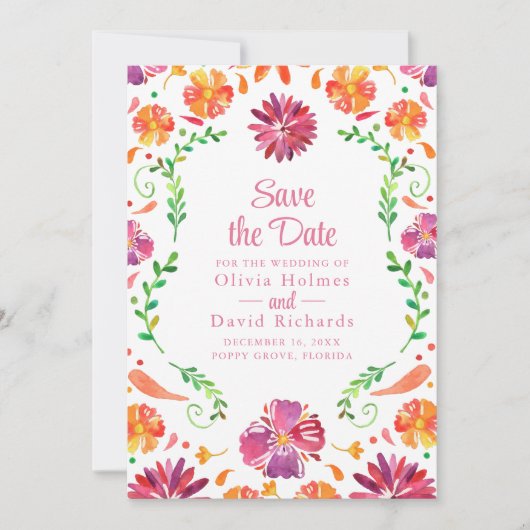 Farbenfrohe mexikanische Blumenfiesta Save the Dat Einladung (Vorderseite)