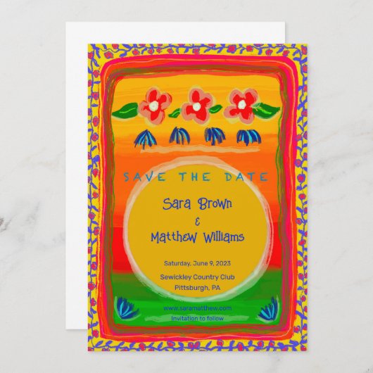 Farbenfrohe mexikanische Einladung Save the Date I (Vorne/Hinten)