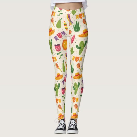 Farbenfrohe mexikanische Fiesta Cactus Pattern Leggings (Vorderseite)