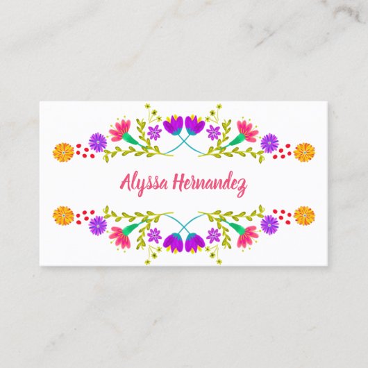 Farbenfrohe mexikanische Fiesta Floral White Busin Visitenkarte (Vorderseite)