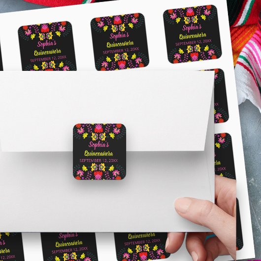 Farbenfrohe mexikanische Fiesta Party Blume Schwar Quadratischer Aufkleber