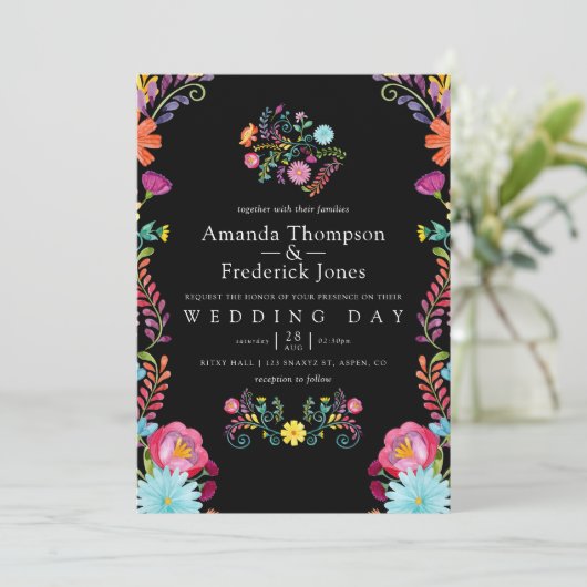 Farbenfrohe mexikanische Fiesta Wedding Einladung (Stehend Vorderseite)