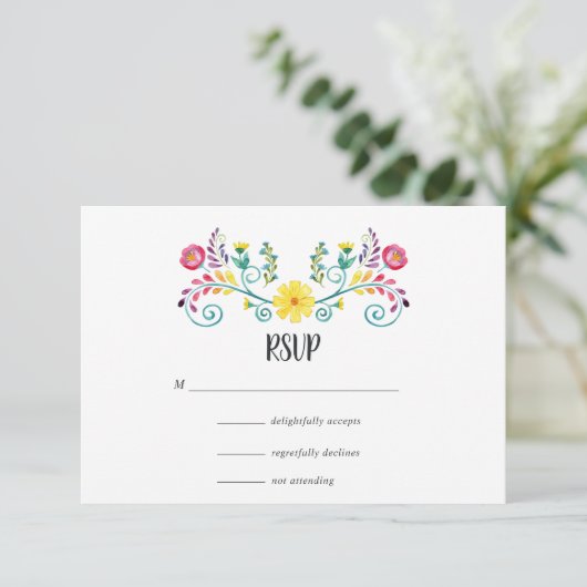 Farbenfrohe mexikanische Fiesta Wedding RSVP Karte (Stehend Vorderseite)
