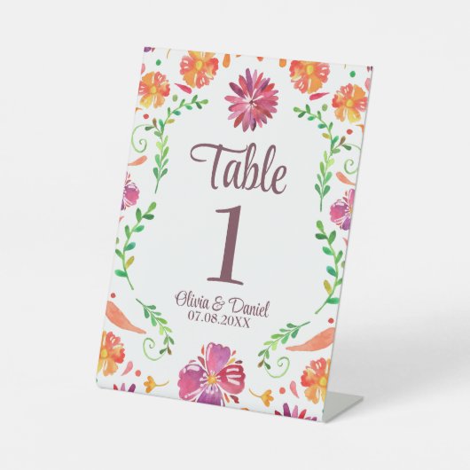farbenfrohe mexikanische Fiesta Wedding Tischnumme Sockelschild (Vorderseite)