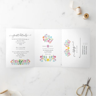 farbenfrohe mexikanische Fiesta Wedding Tri Falten Dreifach Gefaltete Einladung