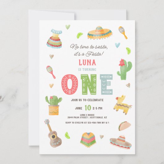 Farbenfrohe mexikanische Fiesta zum ersten Geburts Einladung (Vorderseite)