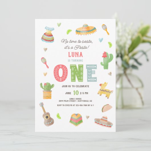 Farbenfrohe mexikanische Fiesta zum ersten Geburts Einladung (Stehend Vorderseite)