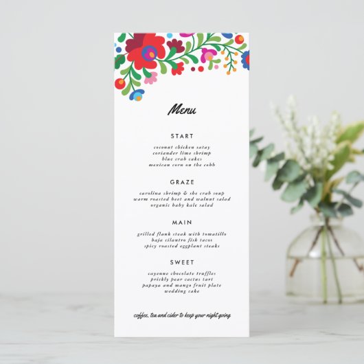Farbenfrohe mexikanische Stickerei Abendessen Menükarte (Stehend Vorderseite)