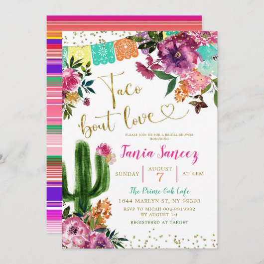 Farbenfrohe mexikanische Taco über Liebe Brautpart Einladung (Vorne/Hinten)