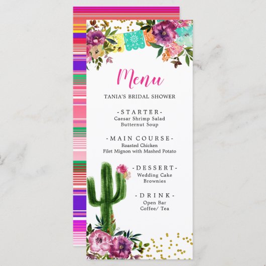 Farbenfrohe mexikanische Taco über Liebe Brautpart Menükarte (Vorne/Hinten)