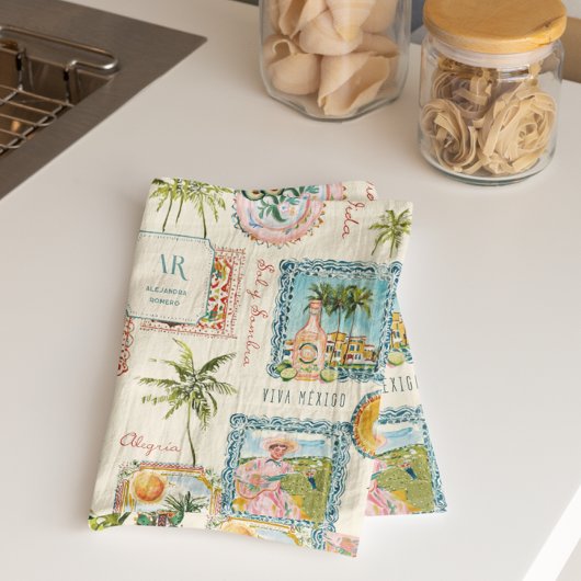 Farbenfrohe mexikanische Travel Print Monogram Geschirrtuch