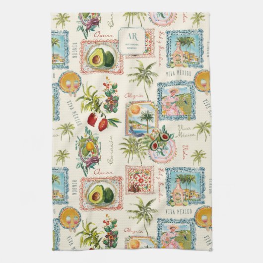 Farbenfrohe mexikanische Travel Print Monogram Geschirrtuch (Vertikal)