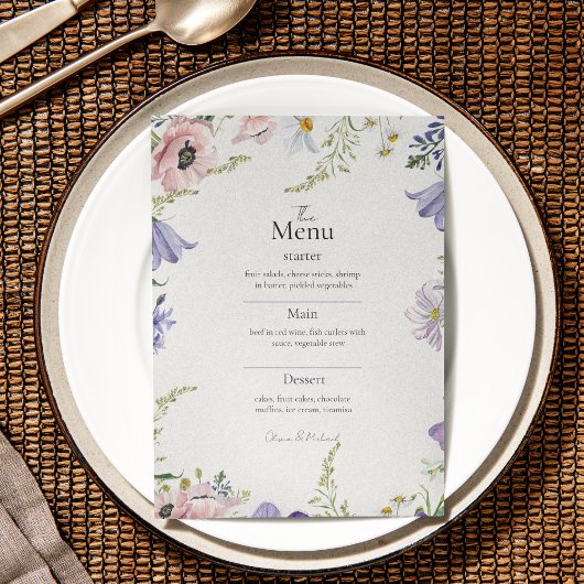 Farbenfrohe Minimalistische Wildblume Hochzeitmenü