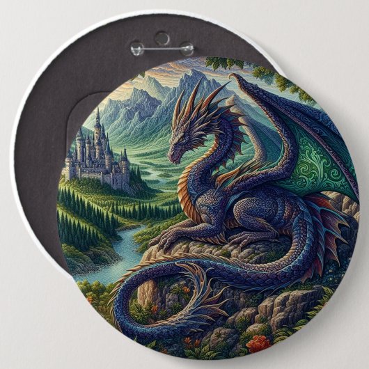 Farbenfrohe, mittelalterliche Drachenburg Button (Vorne & Hinten)