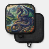 Farbenfrohe, mittelalterliche Drachenburg Topflappen (Vorderseite/Rückseite)