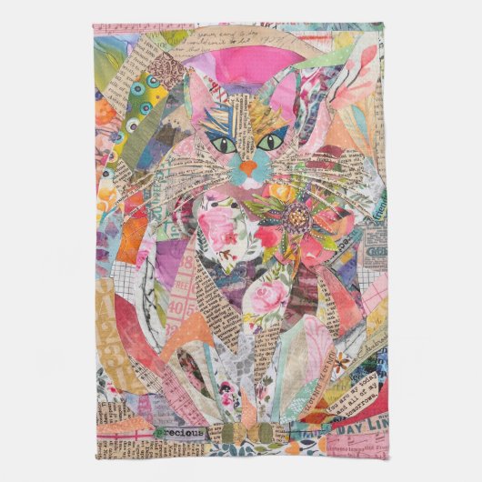 Farbenfrohe Mixed Media Paper Art Cat Küchentuch (Vertikal)