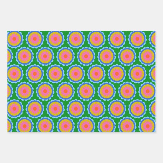 Farbenfrohe Mod 60er Bright Blume Mandala Pattern Geschenkpapier Set (Vorderseite 2)