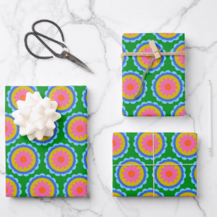 Farbenfrohe Mod 60er Bright Blume Mandala Pattern Geschenkpapier Set