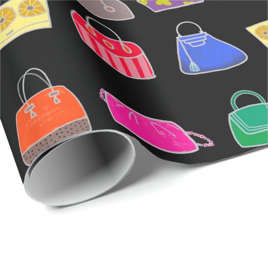 Farbenfrohe Mode Purses-schwarzer Hintergrund Geschenkpapier (Rolleneckpunkt)