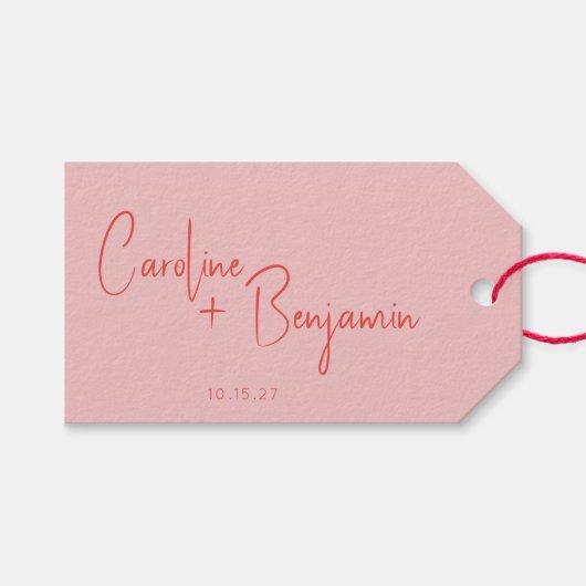 Farbenfrohe moderne Boho Pink Red Script Hochzeit Geschenkanhänger (Vorderseite (Horizontal))