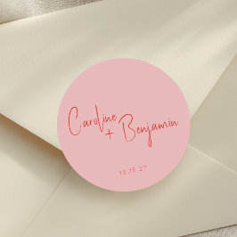 Farbenfrohe moderne Boho Pink Red Script Hochzeit Runder Aufkleber