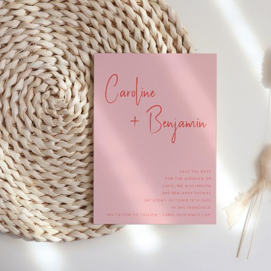 Farbenfrohe moderne Boho Pink Red Script Hochzeit Save The Date