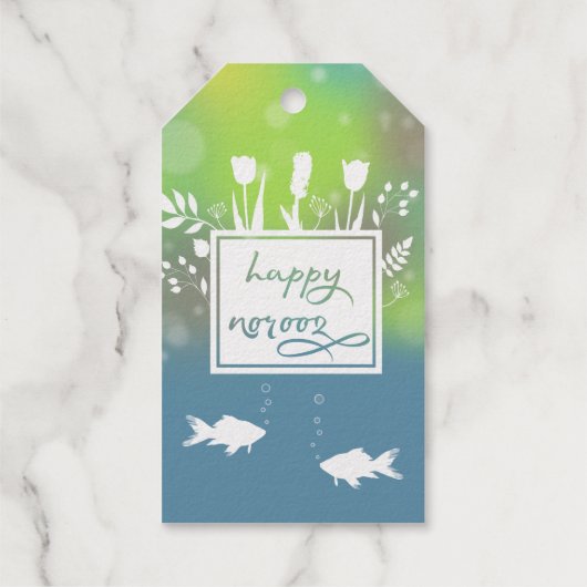 Farbenfrohe moderne, glückliche Noroz-Briefe Fisch Geschenkanhänger (Rückseite)