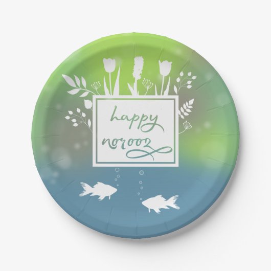 Farbenfrohe moderne, glückliche Noroz-Briefe Fisch Pappteller (Vorderseite)