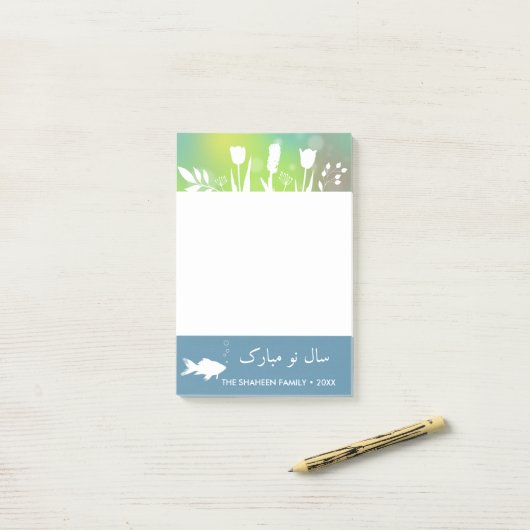 Farbenfrohe moderne, glückliche Noroz-Briefe Fisch Post-it Klebezettel (Auf Schreibtisch)