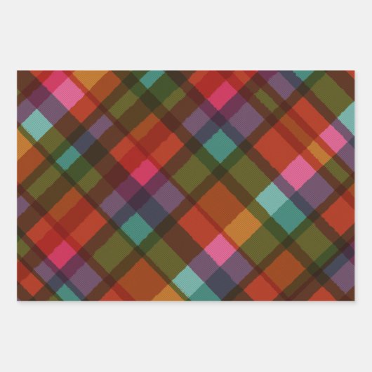 Farbenfrohe Moderne Kariert und Bäume Weihnachten Geschenkpapier Set (Vorderseite)