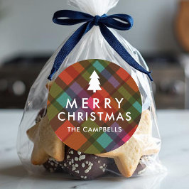 Farbenfrohe, moderne Karierte Weihnachtsbaumbezeic Runder Aufkleber