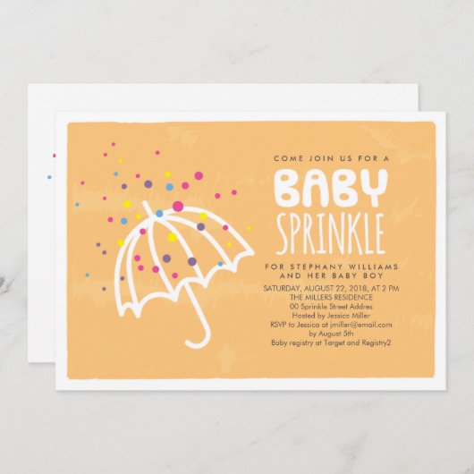 Farbenfrohe, moderne Orange Baby Sprinkle Einladun Einladung (Vorne/Hinten)