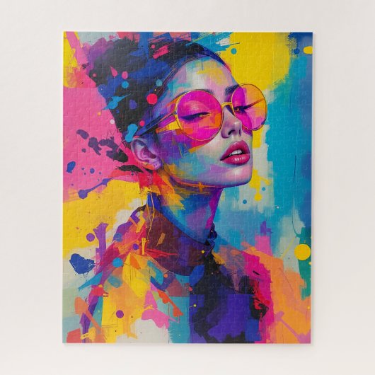 Farbenfrohe Moderne Portrait Frauen in rosa Brille Puzzle (Vertikal)