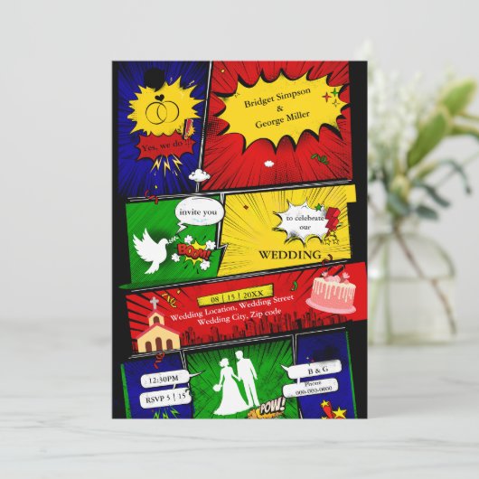 farbenfrohe, moderne Retro-Comic-Hochzeitsgeschich (Stehend Vorderseite)