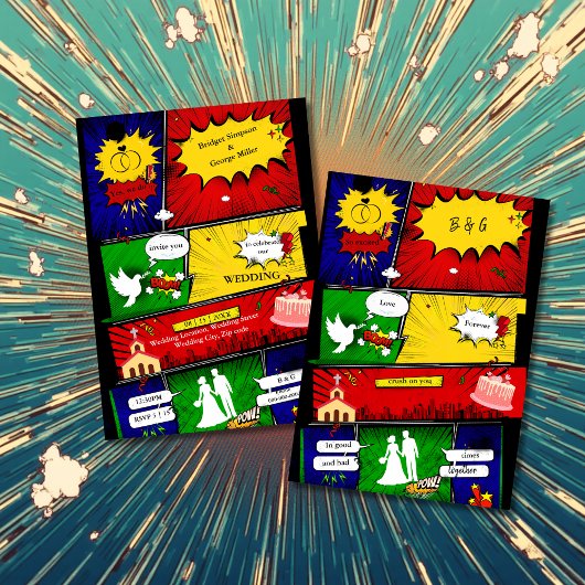 farbenfrohe, moderne Retro-Comic-Hochzeitsgeschich Einladung