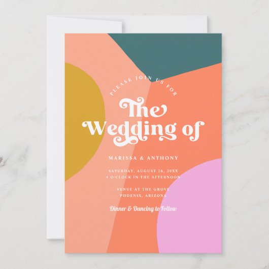 Farbenfrohe, moderne Retro-Hochzeit QR-Code zurück Einladung (Vorderseite)