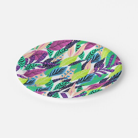 Farbenfrohe moderne tropische botanische Muster Pappteller (Schrägansicht)