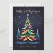 Farbenfrohe moderne Winterbaumen Schnee Frohe Weih Feiertagskarte (Vorderseite)