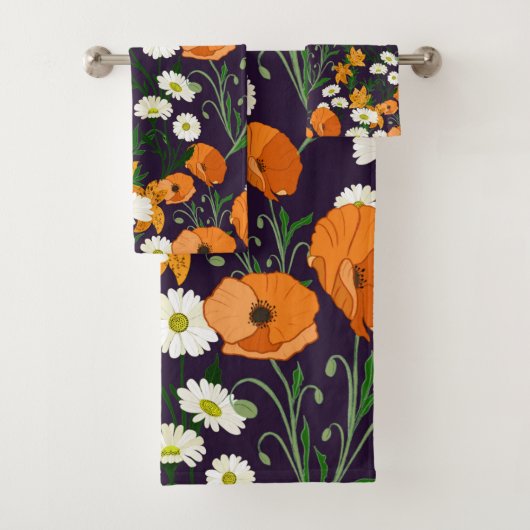 Farbenfrohe Mohnblüten, Orangen und lila Badhandtuch Set (Insitu)