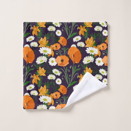 Farbenfrohe Mohnblüten, Orangen und lila Badhandtuch Set (Waschlappen)